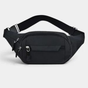 Sac banane en nylon noir mat de face, avec sangle réglable et plusieurs fermetures éclair argentées