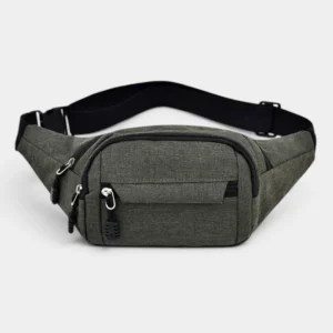 Sac banane en nylon vert kaki foncé, présenté de face sur fond neutre avec sangle réglable noire