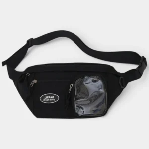 Sac banane noir en nylon posé à plat de face, avec une poche transparente zippée sur le devant