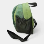 Grand sac banane randonnée porte-gourde vert en nylon, vue arrière avec poche filet noire zippée