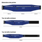 Sac Banane Running Ultra Fin Imperméable Réfléchissant Sac banane running en nylon bleu, vue de face avec les dimensions des trois poches zippées indiquées