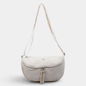 Sac banane en velours côtelé blanc crème, de face avec sangle réglable