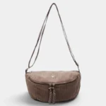 Grand Sac Banane Femme Velours Côtelé Demi-Lune Grand sac banane en velours côtelé taupe, présenté de face avec une longue sangle réglable