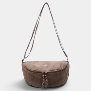 Grand sac banane en velours côtelé taupe, présenté de face avec une longue sangle réglable