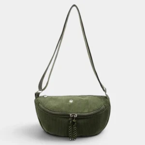 Sac banane en velours côtelé vert kaki, présenté de face sur fond neutre avec une sangle réglable