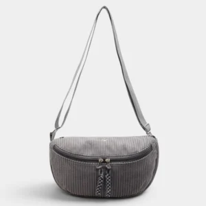 Sac banane en velours côtelé gris anthracite, présenté de face avec une sangle bandoulière réglable