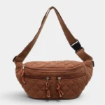 Grand Sac Banane Femme Velours Côtelé Matelassé Grand sac banane en velours côtelé matelassé marron, présenté de face avec une sangle à clip plastique