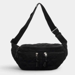 Grand sac banane en velours côtelé matelassé noir, présenté de face sur fond neutre