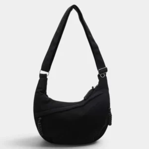 Sac banane velours côtelé noir mat de face, avec sangle réglable et clips métalliques argentés