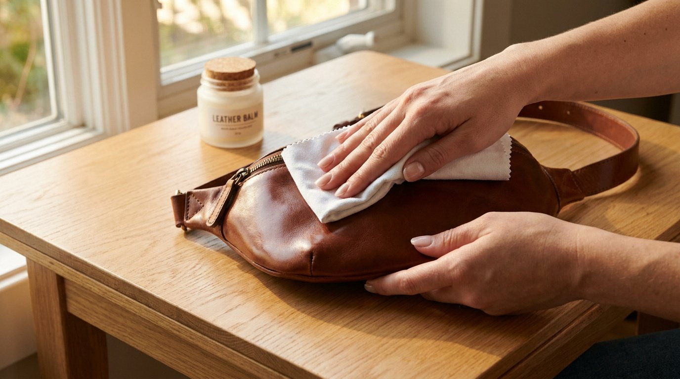 Entretien sac banane cuir : les gestes pour le préserver 7 Une personne nettoie un sac banane en cuir marron avec un chiffon doux à côté d'un pot de baume pour cuir.