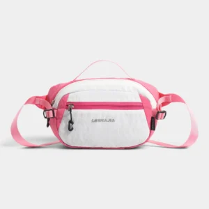 Sac banane bicolore en nylon blanc et rose, vu de face, poignée sur le dessus et sangle réglable.