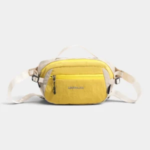 Sac banane bicolore en nylon jaune et crème, vu de face, poignée sur le dessus et sangle réglable.