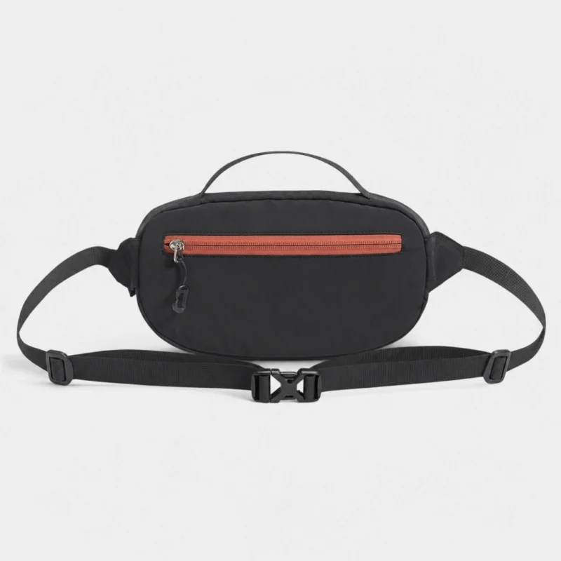 Dos d'un sac banane bicolore noir et orange, poche arrière et sangle fermée par une boucle clip.