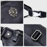 Sac banane en cuir noir en gros plan sur emblème tête de lion argenté rivets et attache clip de sangle
