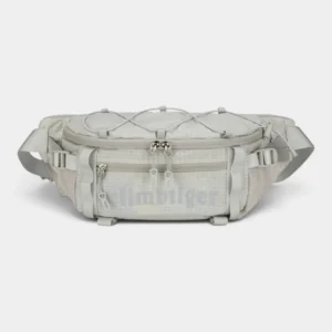 Sac banane en nylon ripstop gris clair posé de face avec son cordon élastique croisé et ses deux poches zippées