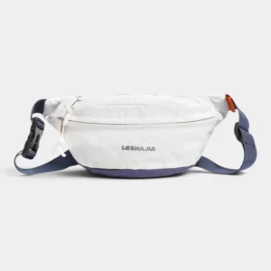 Sac banane coupe-vent années 90 blanc en nylon ripstop, posé de face avec sa base et sa sangle bleu marine