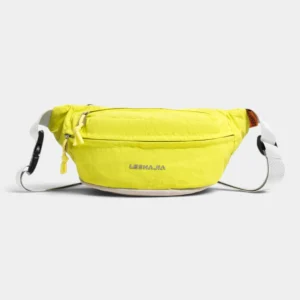 Sac banane coupe-vent années 90 jaune fluo en nylon ripstop, posé de face avec sa sangle blanche à boucle clip