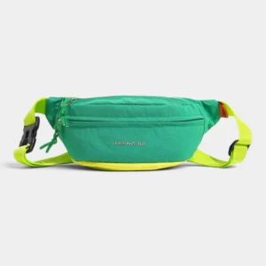 Sac banane coupe-vent années 90 vert émeraude en nylon ripstop, posé de face avec sa base jaune fluo