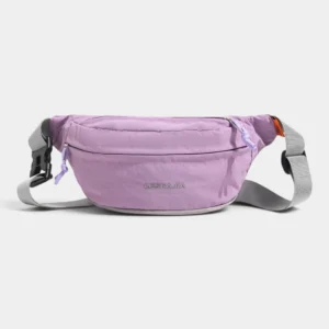 Sac banane coupe-vent années 90 violet lilas en nylon ripstop, posé de face avec sa sangle gris clair
