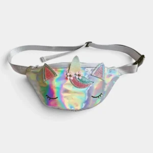 Sac banane licorne holographique blanc nacré posé à plat de face avec sa ceinture en sangle grise réglable