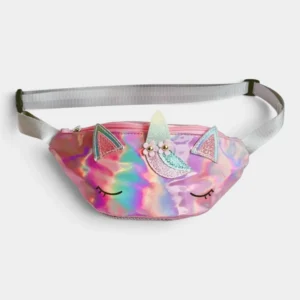 Sac banane licorne holographique rose posé à plat de face avec sa corne et ses oreilles pailletées
