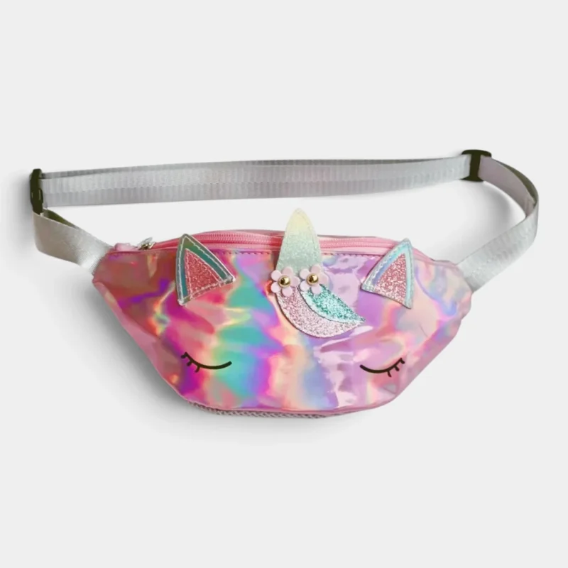 Sac banane licorne holographique rose posé à plat de face avec sa corne et ses oreilles pailletées