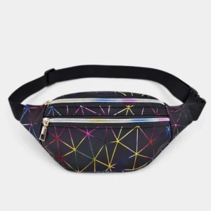 Sac banane en cuir noir de face, orné de lignes géométriques multicolores brillantes avec fermeture éclair irisée