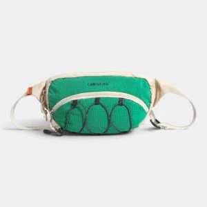 sac banane vert emeraude et ecru avec porte-gourde elastique