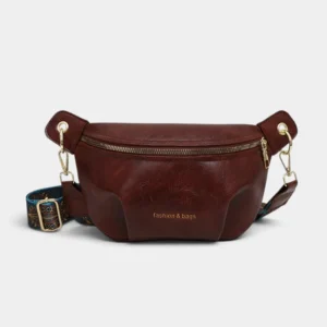 Sac banane simili cuir marron foncé présenté de face, avec une sangle ethnique bleue à mousquetons dorés