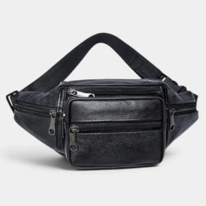 Sac banane en cuir grainé noir mat de face, avec sangle réglable et zips argentés
