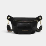 Sac banane simili cuir noir de face, avec sangle ethnique et fermeture zippée dorée