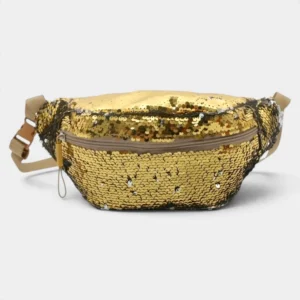 Sac banane paillettes doré posé de face avec sa sangle beige à boucle clip et sa tirette cordon