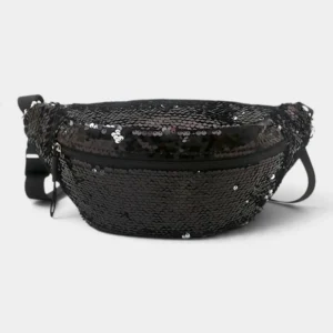 Sac banane paillettes noir posé de face avec sa sangle noire à boucle clip et sa tirette cordon