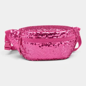 Sac banane paillettes rose posé de face avec sa sangle rose à boucle clip et sa poche zippée