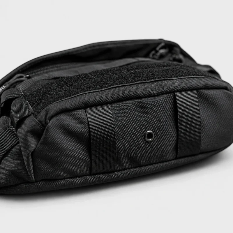 Sac banane tactique en nylon noir vu de dessous avec deux passants en sangle et un œillet métallique