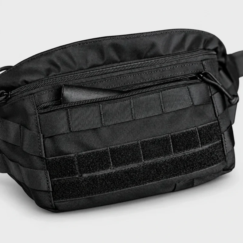 Sac banane tactique en nylon noir de trois quarts en gros plan avec poche avant zippée entrouverte