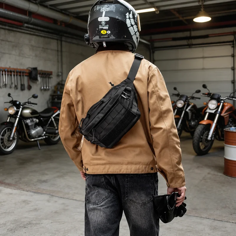 Sac banane tactique en nylon noir porté en bandoulière dans le dos par un motard dans son garage