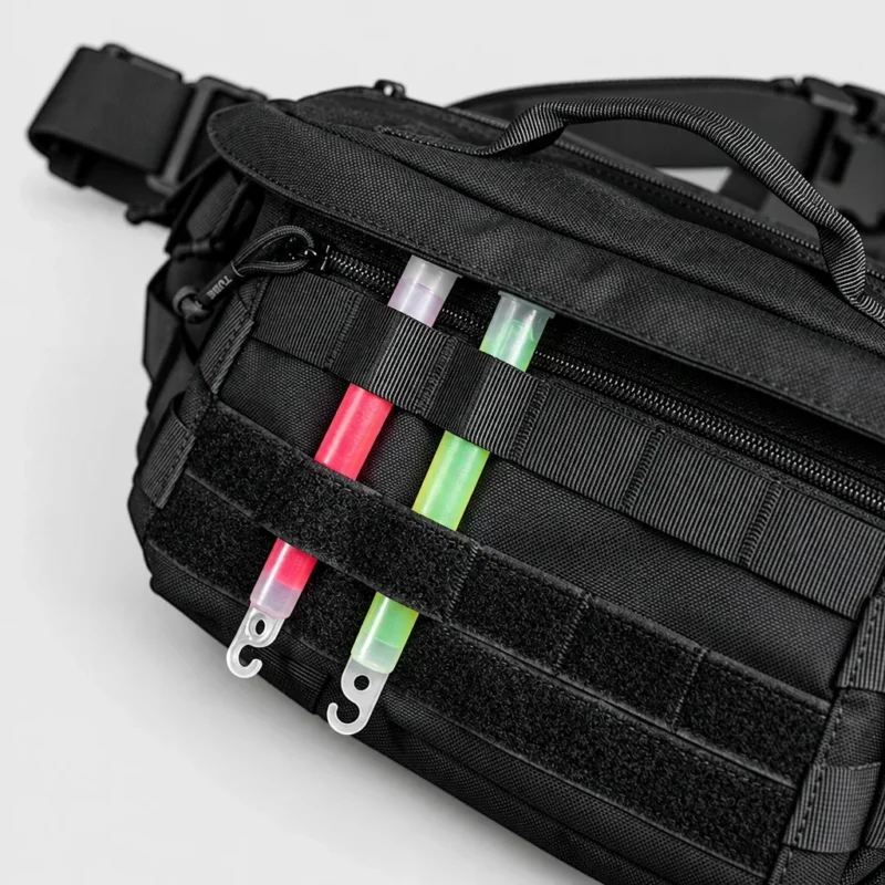 Sac banane tactique en nylon noir en gros plan avec deux bâtons lumineux glissés dans les sangles MOLLE