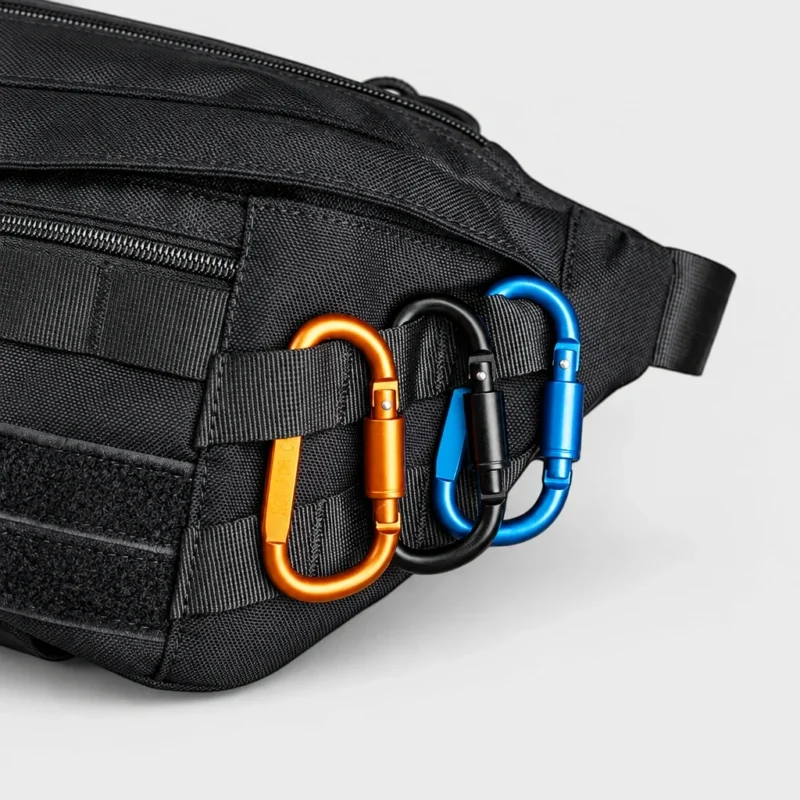 Sac banane tactique en nylon noir vu de côté avec trois mousquetons accrochés aux sangles MOLLE latérales