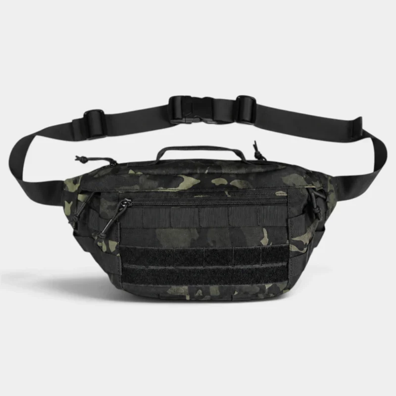 Grand Sac Banane Tactique Armée Velcro MOLLE Sac banane tactique en nylon camouflage sombre noir et vert de face avec poignée de transport sur le dessus