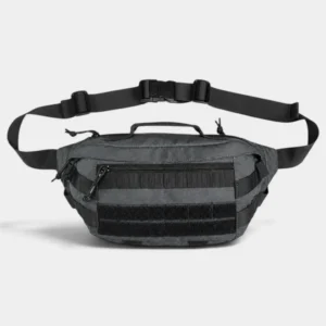 Sac banane tactique en nylon gris anthracite de face avec surpiqûres claires et poignée de transport