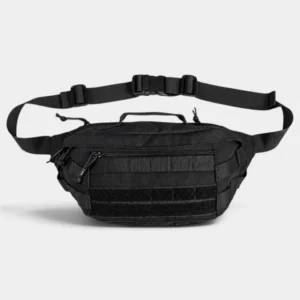 Sac banane tactique en nylon noir de face avec poignée de transport et ceinture à boucle clip