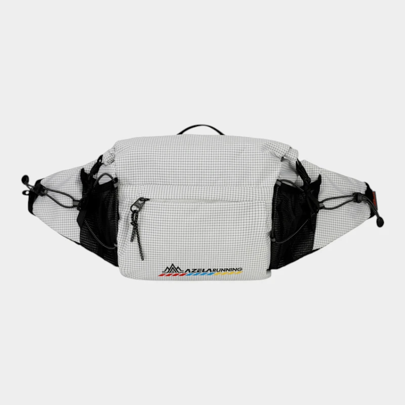 Sac Banane Trek Hydratation Roll-Top Sac banane blanc en tissu ripstop quadrillé de face avec poches latérales en filet noir