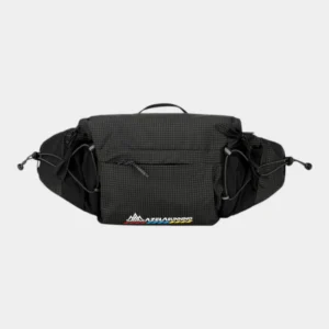 Sac banane noir en tissu ripstop quadrillé de face avec poches latérales en filet à cordon