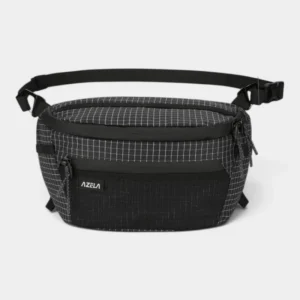 Sac banane ripstop noir quadrillé posé de face avec grande poche avant en filet zippée