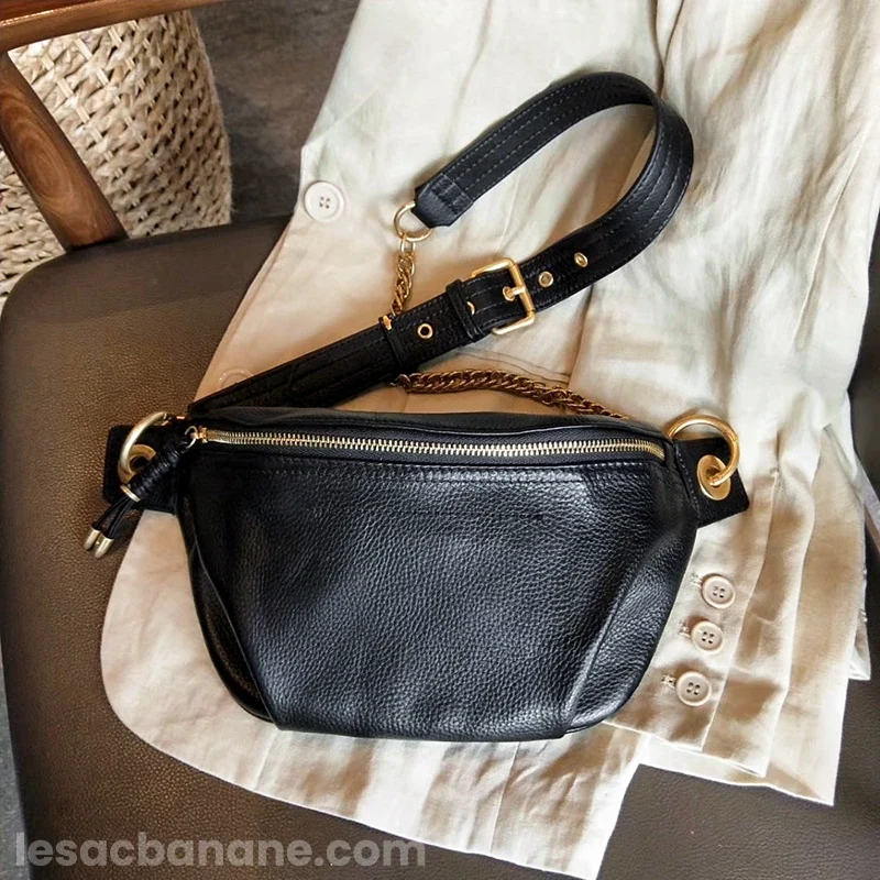 Sac Banane Bandoulière Femme Cuir grainé véritable noir