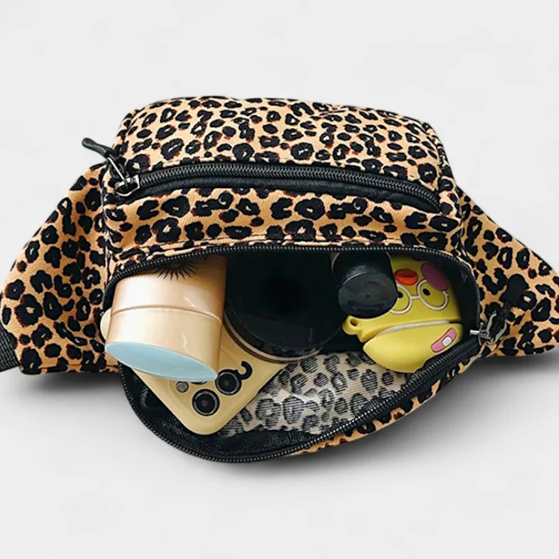 banane motif léopard imprimé jaune grande poche ouverte avec affaires