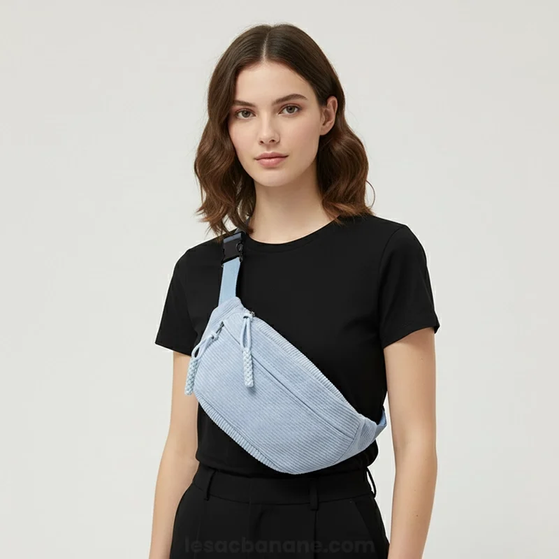 banane velours côtelé bleu pastel porté en bandoulière par une femme