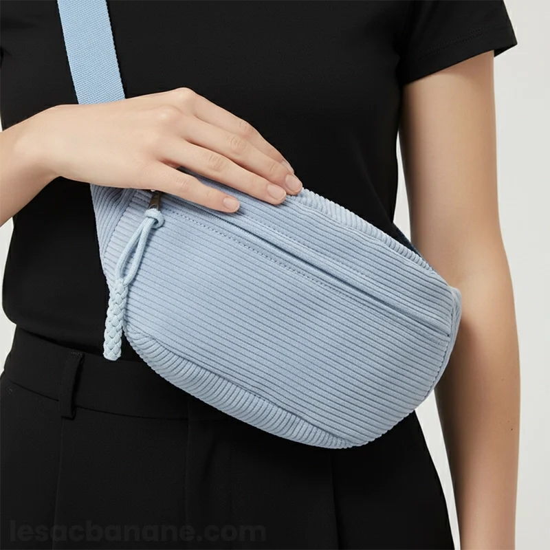 banane velours côtelé bleu pastel détail avec une main de femme