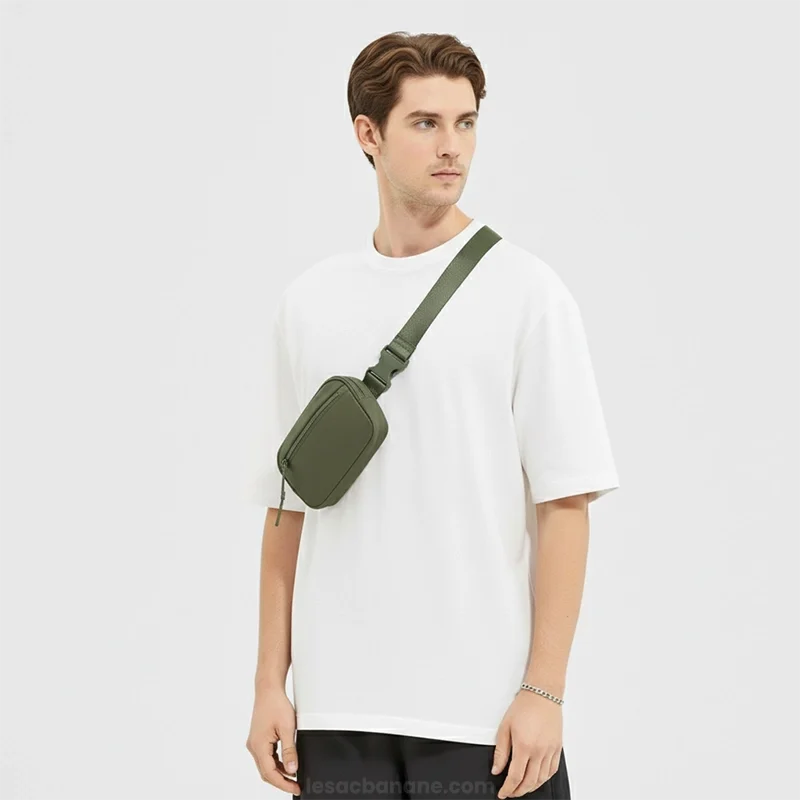 petit sac banane homme vert kaki arméfoncé porté en bandoulière